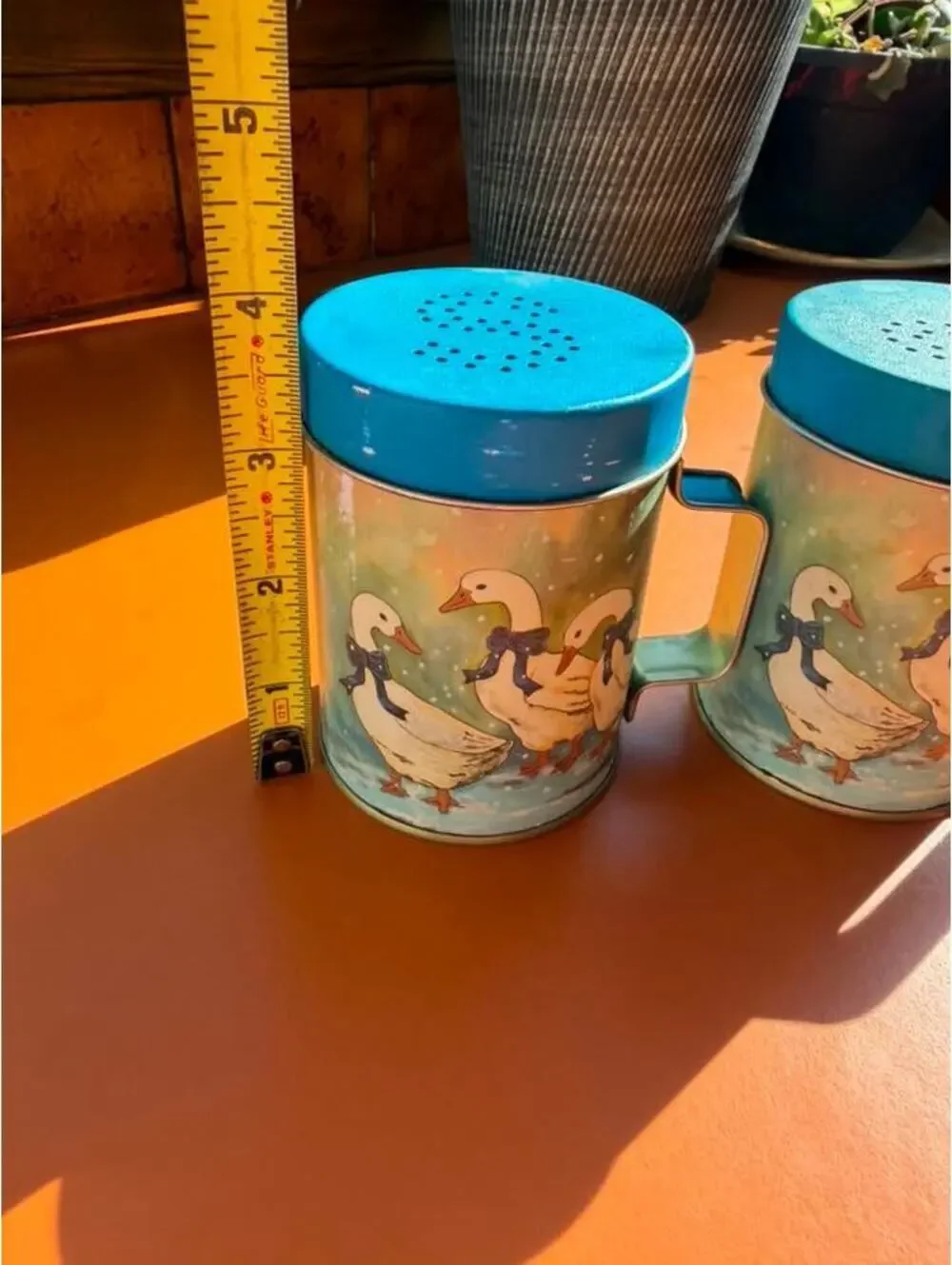 Vintage Goose Duck Flour Sugar Shaker Set Metal Kitchen Canisters Blue Farmhouse